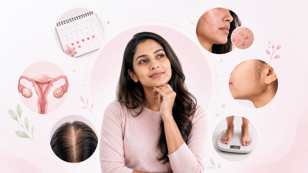 PCOS symptoms including irregular periods, acne, excess facial hair, hair thinning and weight changes