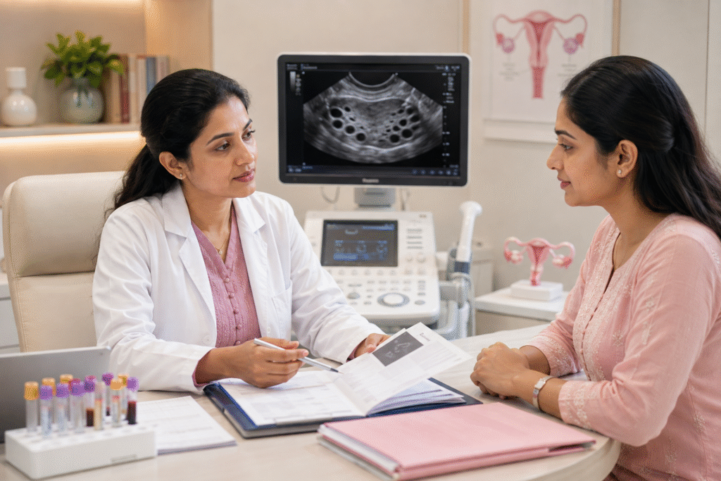 Gynaecologist diagnosing PCOS using an ovarian ultrasound scan and blood test reports