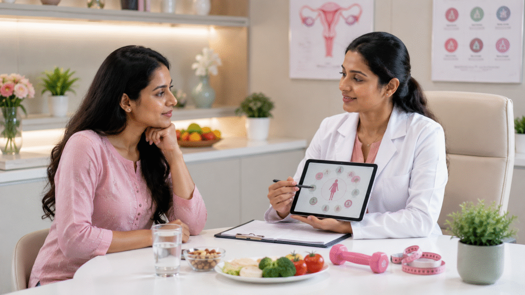 Gynaecologist explaining PCOS treatment, healthy diet, exercise and lifestyle management to a patient