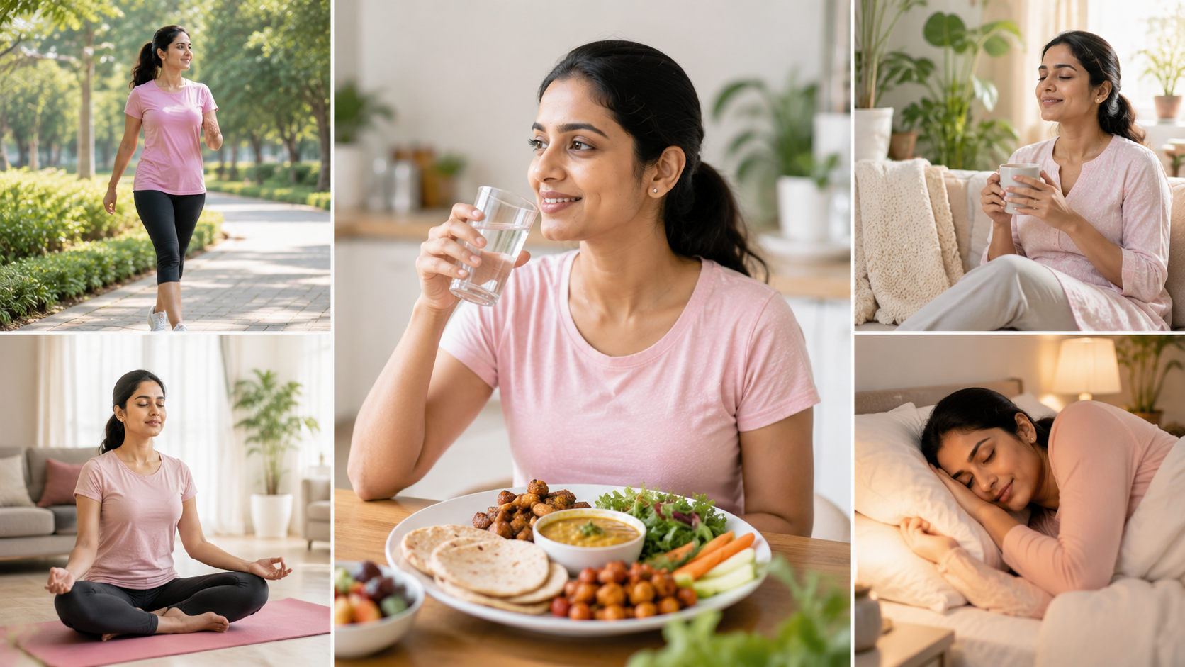 Woman managing PCOS through healthy eating, exercise, yoga, hydration, relaxation and adequate sleep