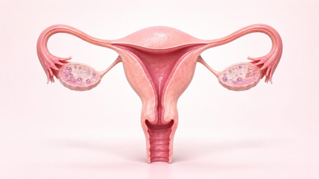 Female reproductive system showing the uterus, fallopian tubes and ovaries with multiple follicles