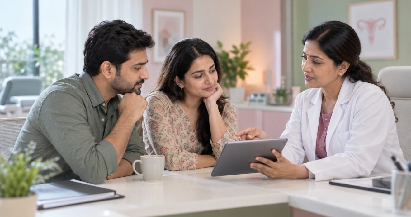 Fertility specialist discussing IVF treatment with a couple using a tablet