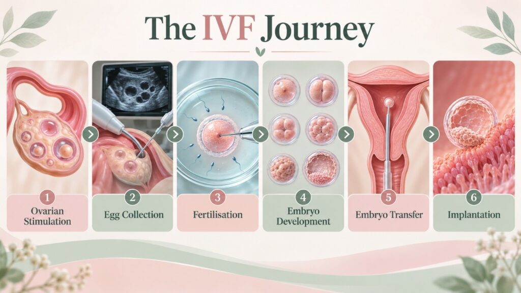 Illustration showing the IVF journey from ovarian stimulation to implantation