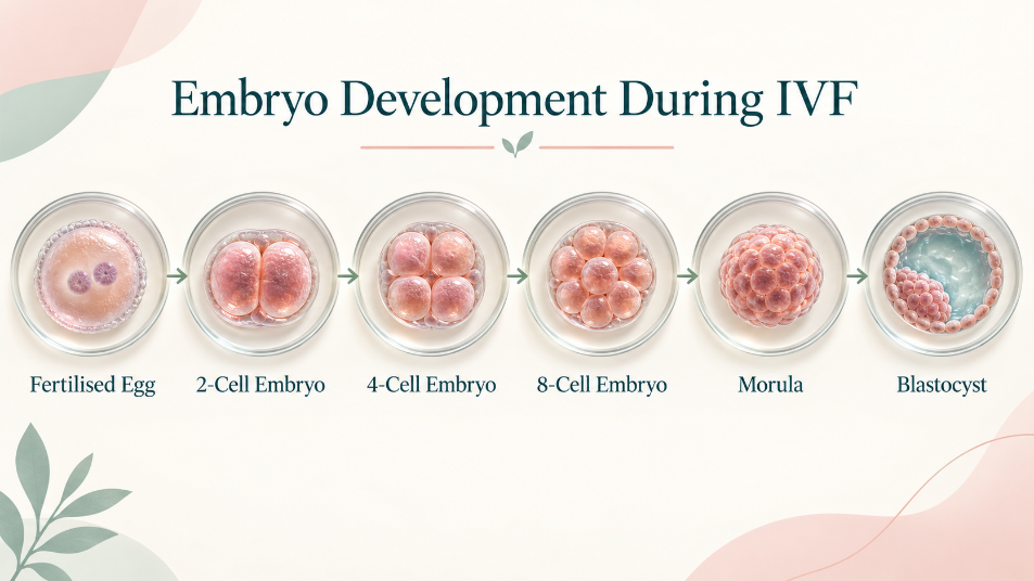 Illustration of embryo development from fertilised egg to blastocyst