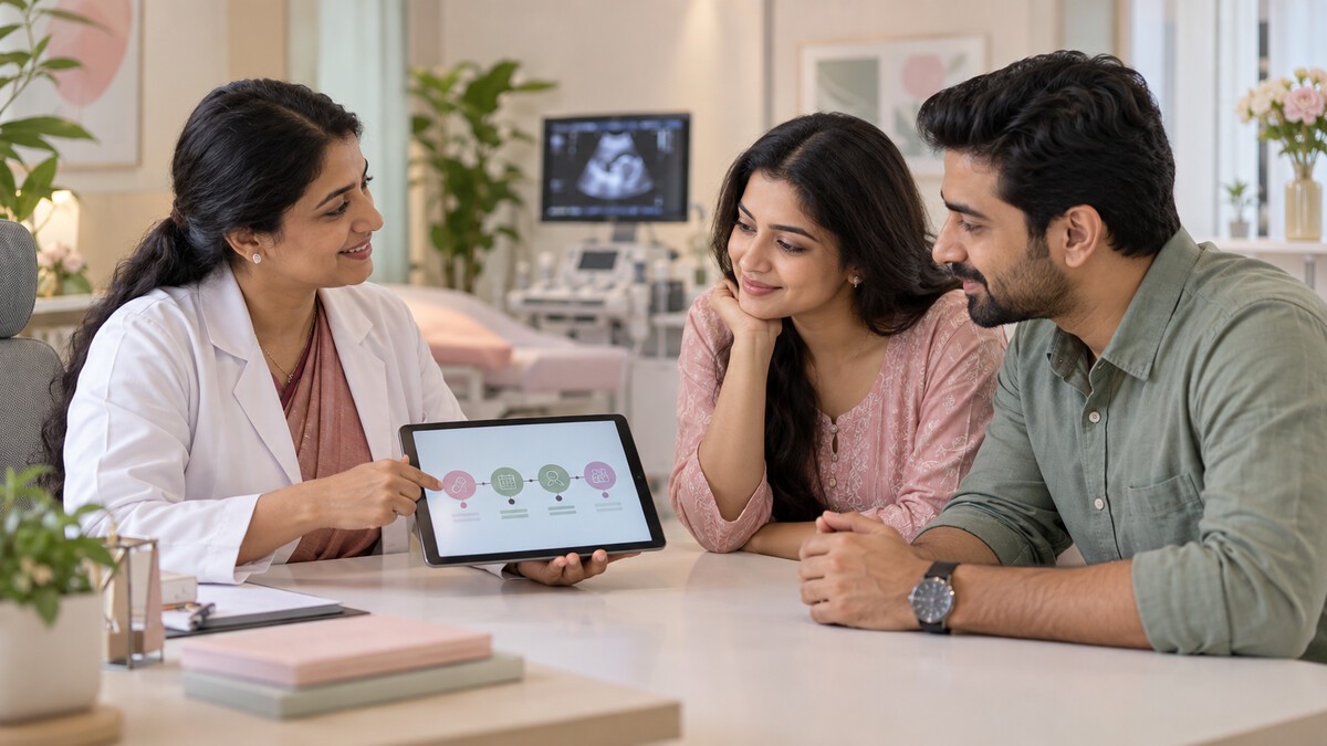 Fertility specialist explaining a treatment plan to a couple during consultation